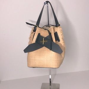 SOLD!!!! Zac Posen Authentic BRIGETTE Belted Straw Genuine Leather Bucket Style